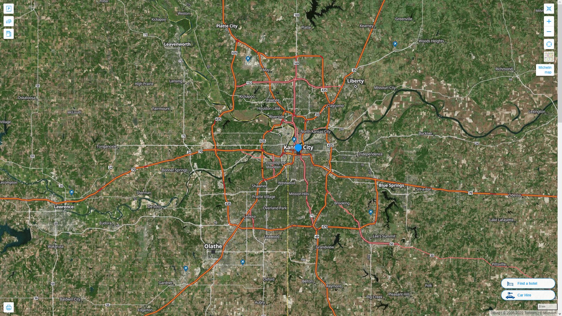 Kansas City Missouri Highway and Road Map with Satellite View